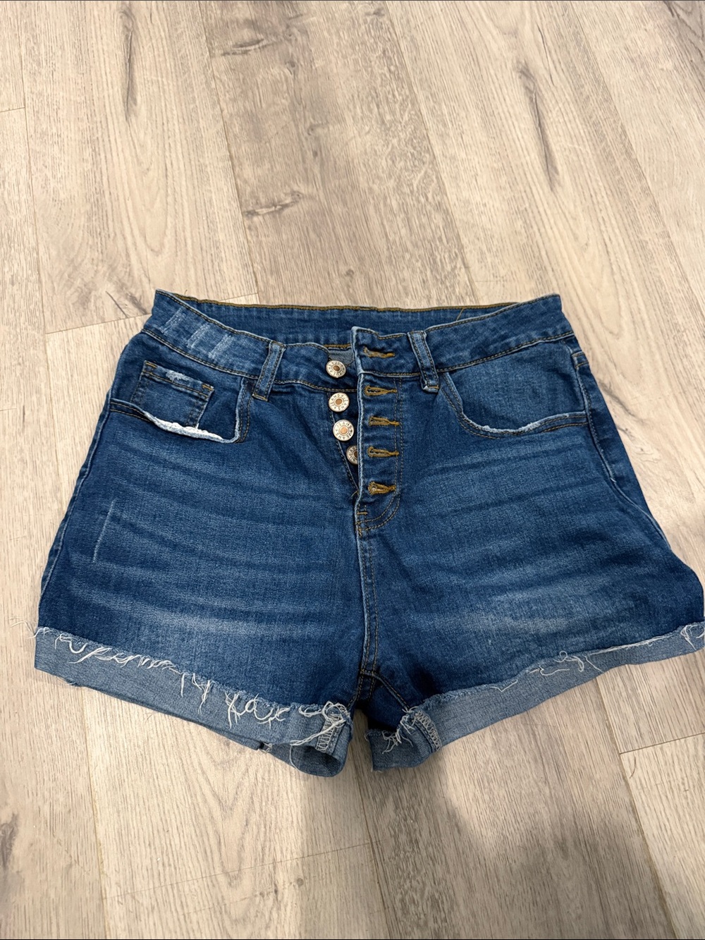 High-Waist Dark Blue Denim Shorts with Button Fly